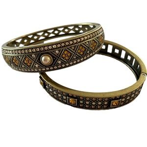 Heidi Daus Set of 2 Crystal Bronze Hinged Bracelets Swarovski Crystal VTG Signed